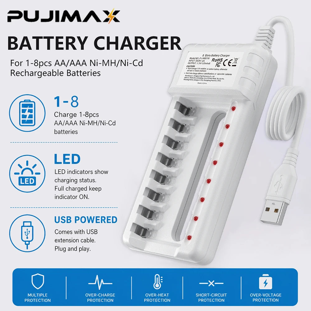 PUJIMAX AA/AAA Battery Charger 8/4Slot Intelligent LED Indicator USB Charger for Ni-MH/Ni-Cd Rechargeable AA/AAA Battery Charger