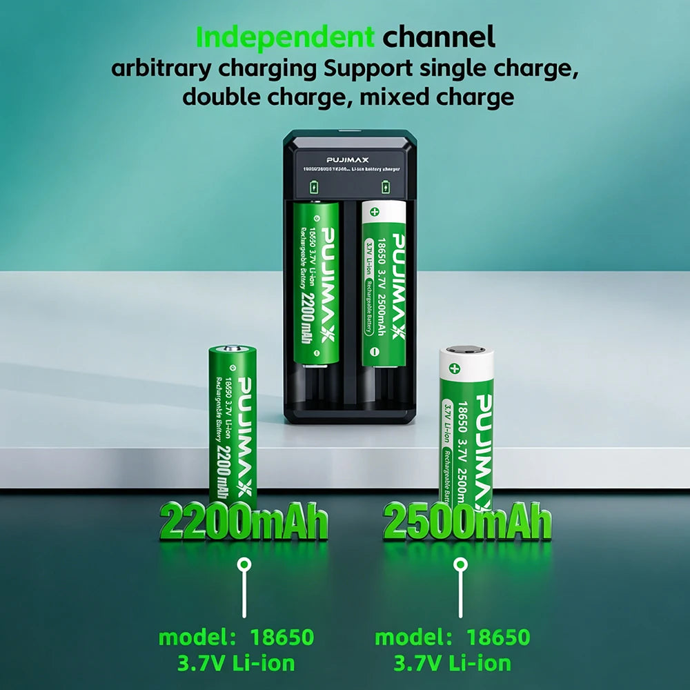 PUJIMAX 18650 Battery Charger 2Slots Dual 18650 Charging 3.7V Rechargeable Lithium Battery USB Charger For 16340 14500 18650
