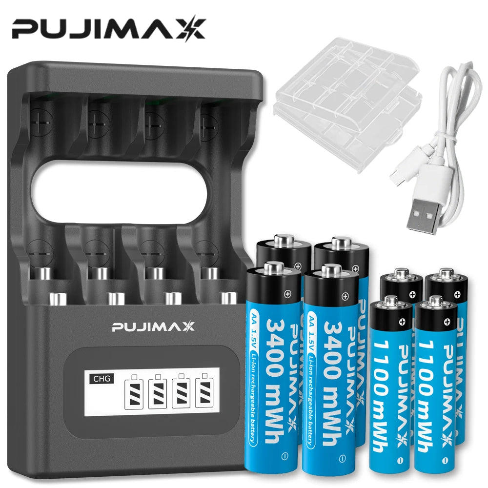 PUJIMAX Rechargeable Battery 1.5V AA 3400mWh AAA 1100mWh Lithium-ion Battery+Charger for Clock Radio Video Game Digital Camera