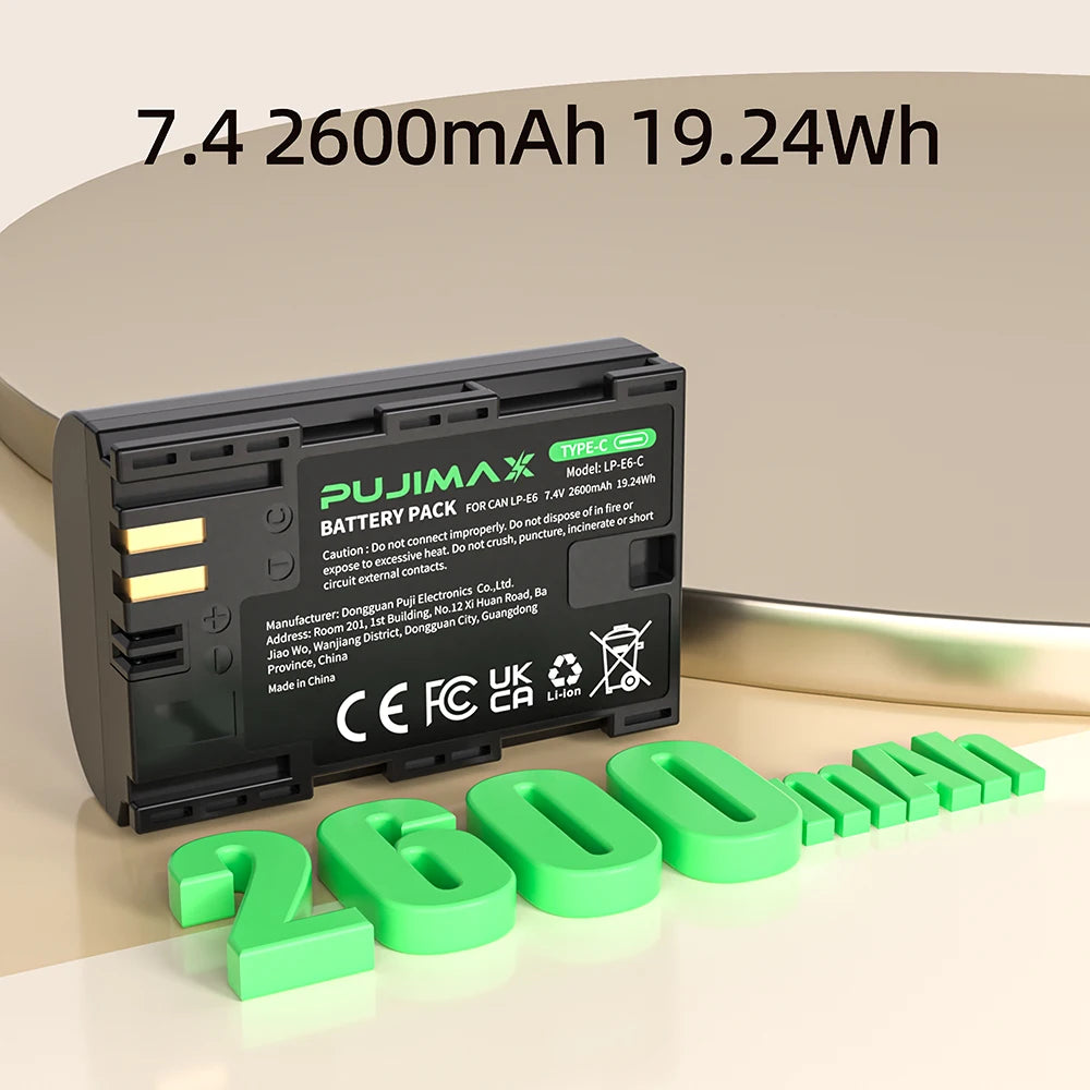 PUJIMAX 2600mAh LP-E6NH LP E6NH LP E6 LP-E6 Battery with Type-C Input For Canon R7 R5 R6 R 5D IV/III/II 6D 6D II 7D 7D II 60D