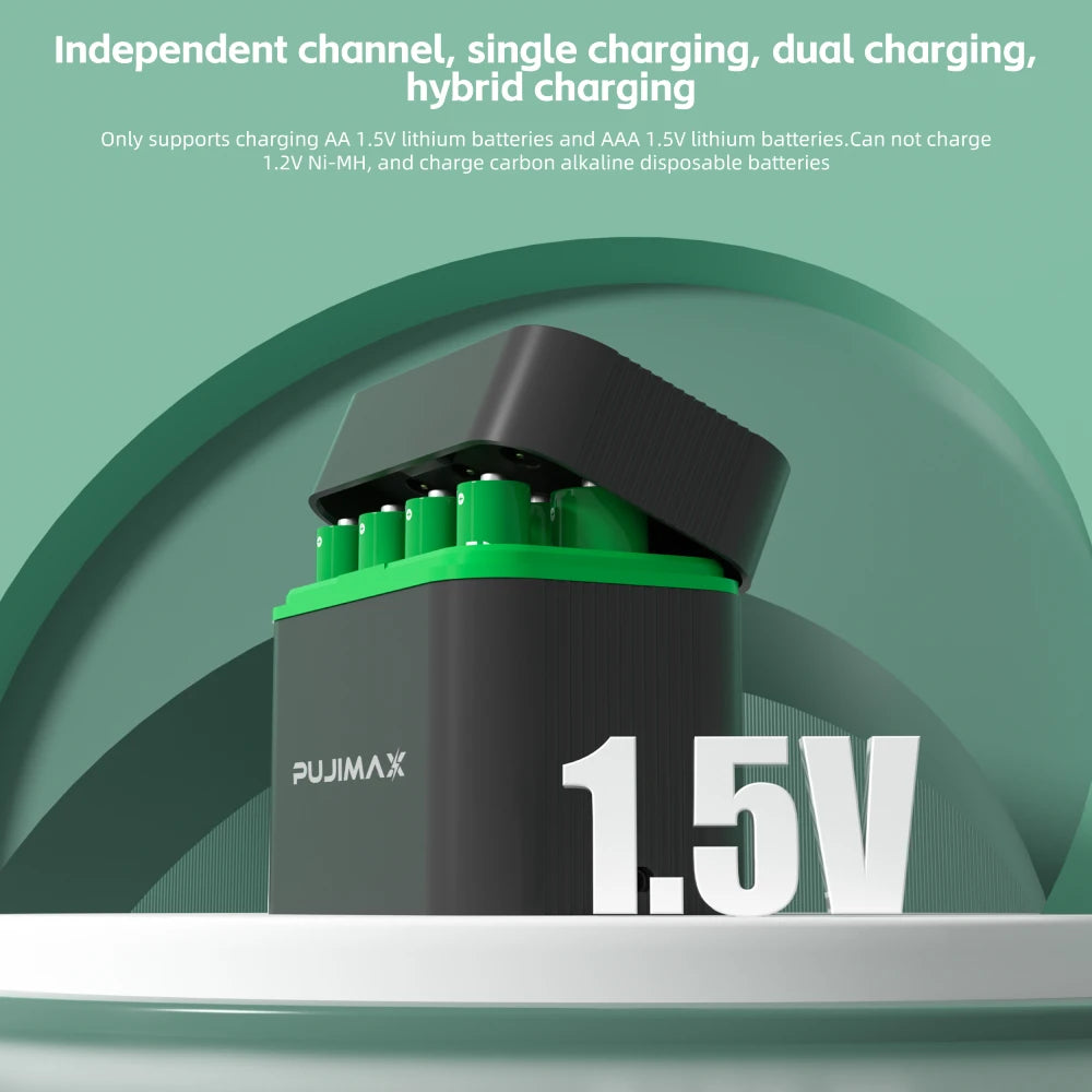PUJIMAX AA+AAA 1.5V Rechargeable Lithium Battery 8-Slot Charging Compartment 4255mWh& 1100mWh Fast Charging 1.5V Lithium Battery
