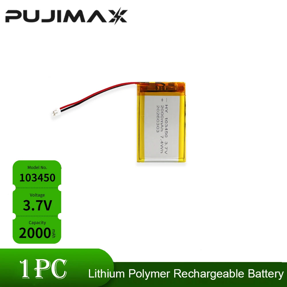 PUJIMAX 103450 3.7V 2000mAh Polymer Lithium Rechargeable Battery with PH 2.0mm 2pin plug for GPS navigator MP5 Bluetooth Headset