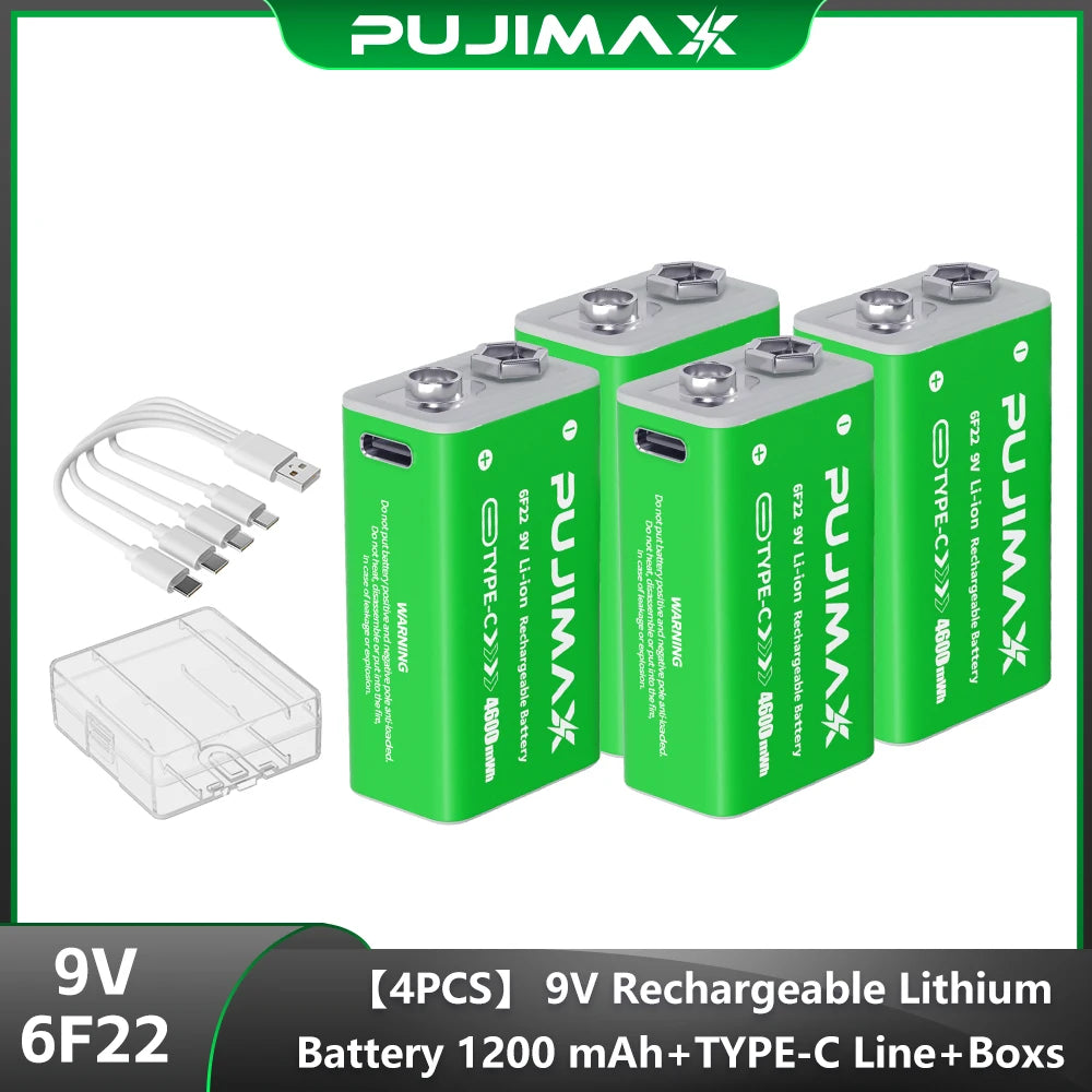 PUJIMAX 9V Rechargeable Battery 9 Volt 6F22 Lithium Li-ion Batteries For Toy Remote Control Microphone Walkie Talkie Fan