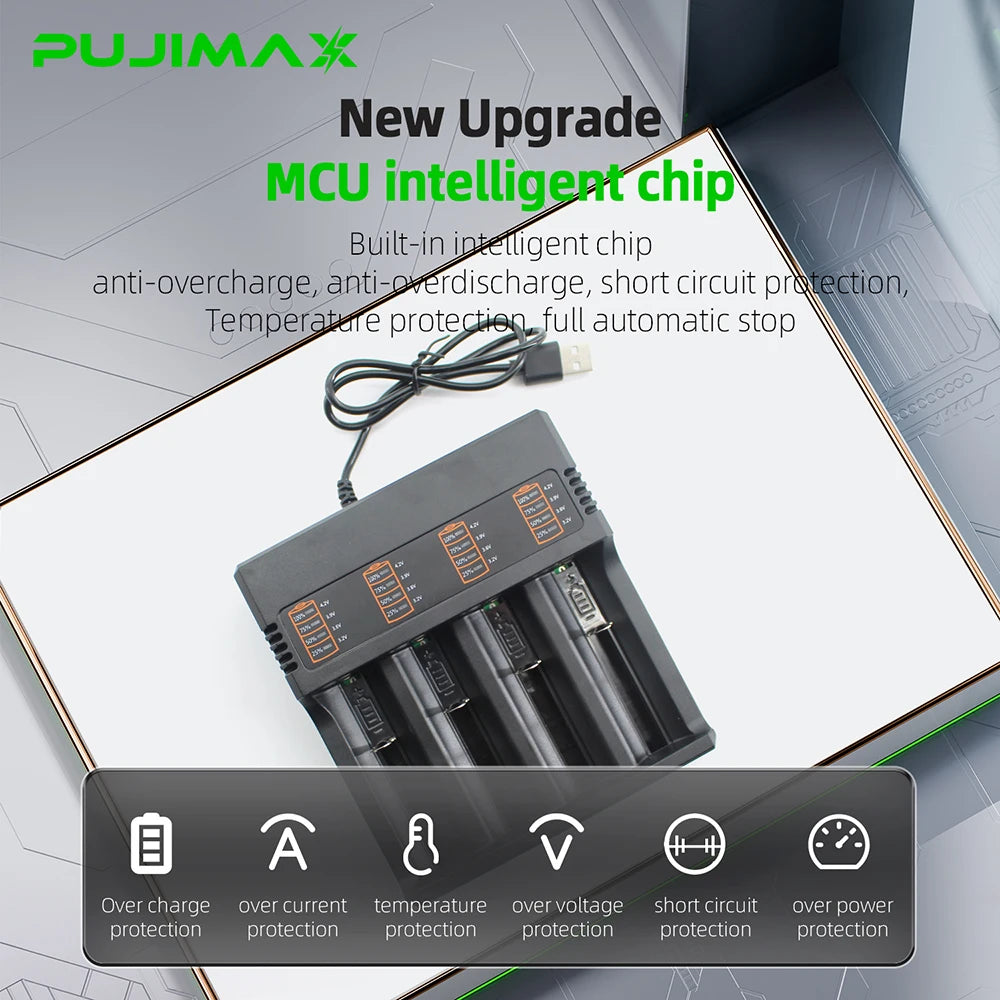 PUJIMAX 2/4 Slot 18650 Smart Charger for 3.7V 21700 20700 2665014500 16340 Li-ion Battery Rechargeable Lithium Battery Charger