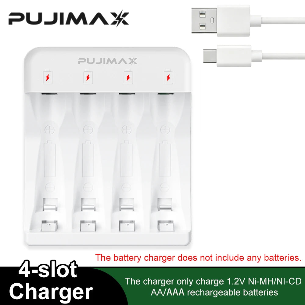 PUJIAMX 4 Slot AA/AAA NI-MH Rechargeable Battery Charger LED Display Batteries Charger +Type C Cable Portable Fast Charging Tool