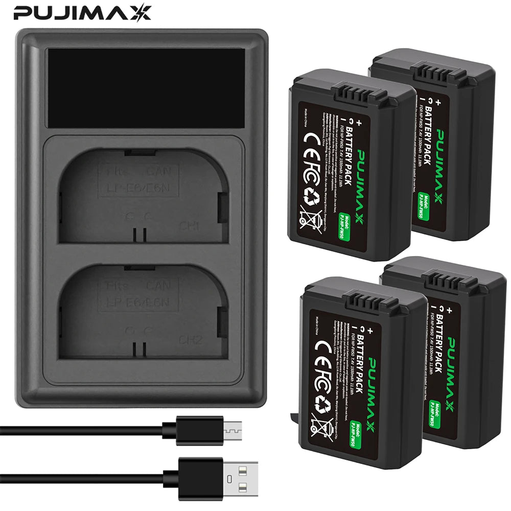 PUJIMAX 4X1500mAh NP-FW50 NP FW50 Battery+LED USB Dual Charger for Sony A6000 A6400 A6300 A6500 A7 A7II A7RII A7SII A7S A7S2 A7R
