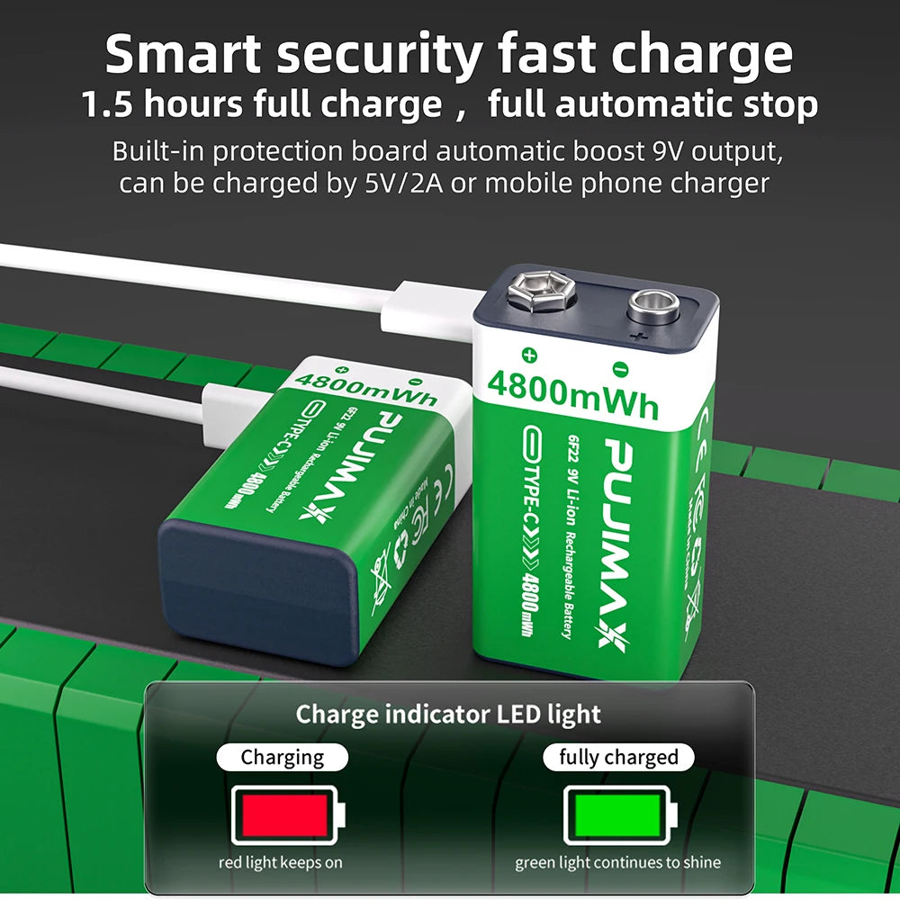 PUJIMAX USB 9V Rechargeable Battery 4800mWh Type-C Rechargeable 6F22 9V Li-ion Battery for RC Helicopeter Model Multimeter Toy