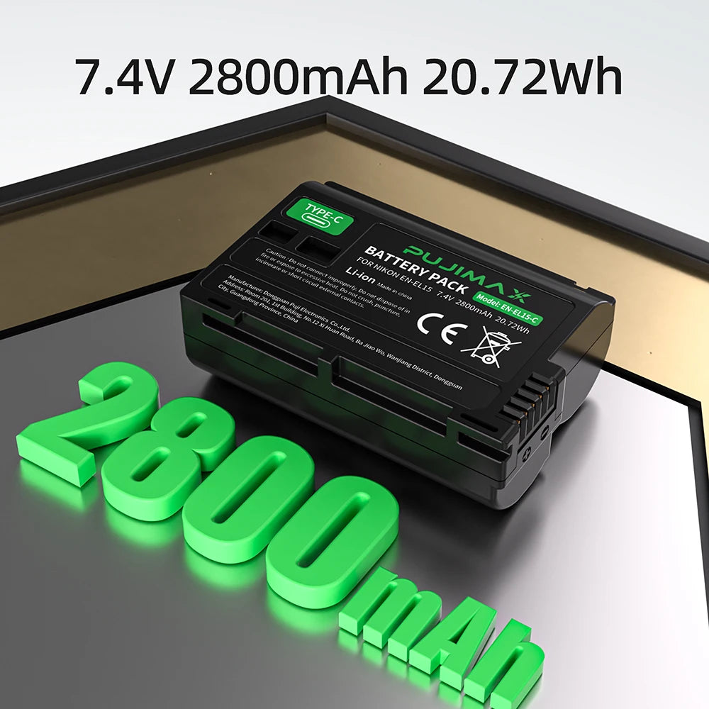 PUJIMAX 2800mAh EN-EL15C EN-EL15 Battery with Type-C Port for Nikon Z5,Z6,Z6 II,Z7,Z7II D7000 D7100 D7200,D850 D750 D7500 D810