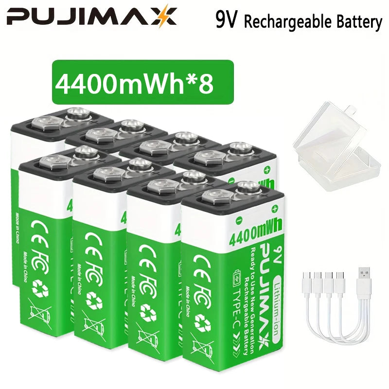 PUJIMAX USB-C Rechargeable Lithium Battery 9V 4400mWh High Capacity Durable Square Battery Digital Multimeters Wireless Doorbell