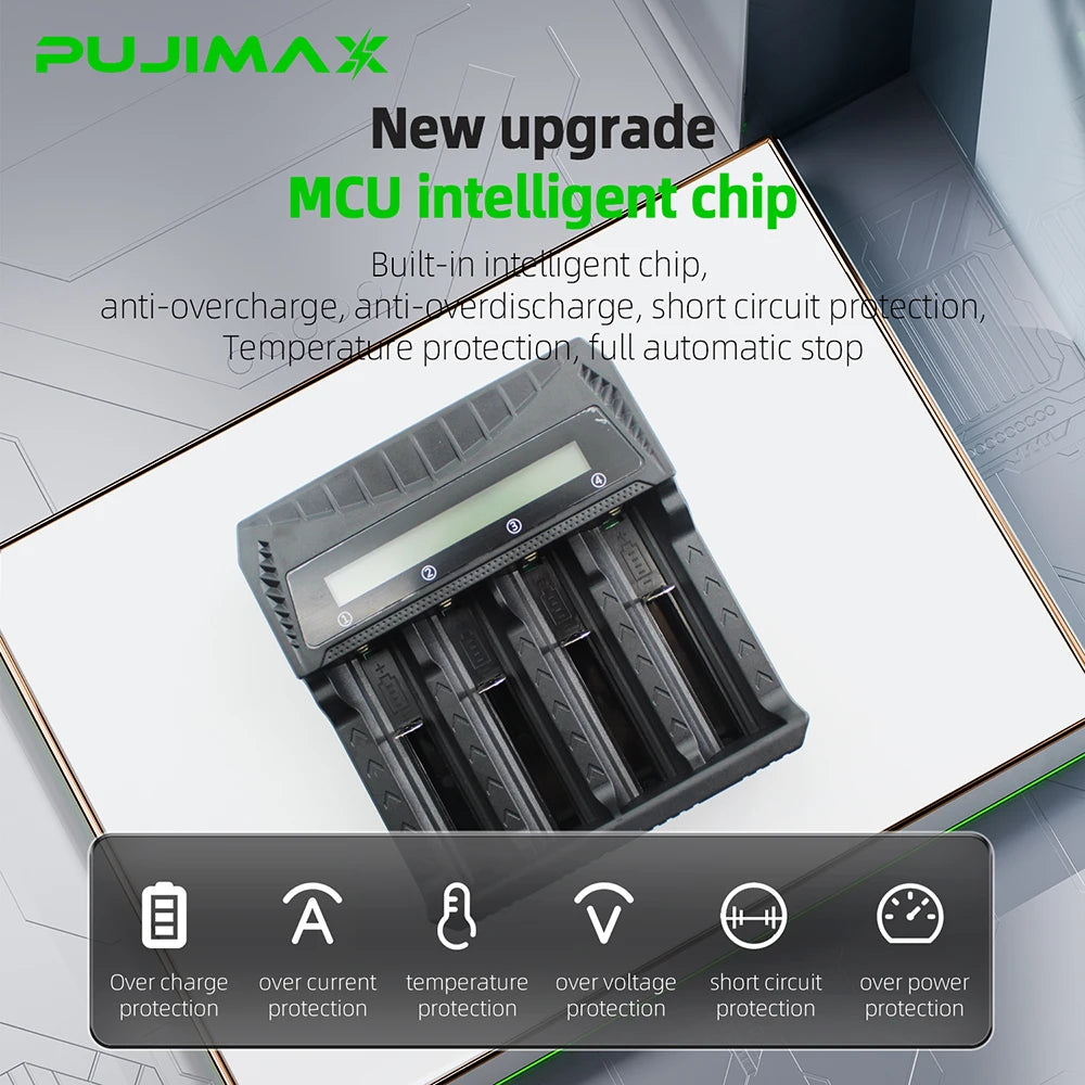 PUJIMAX 2/4 Slots Smart Charger LCD Display Charger for AA/AAA/18650/26650/14500/16340/18500/21700 Ni-MH Ni-Cd Li-ion Batteries