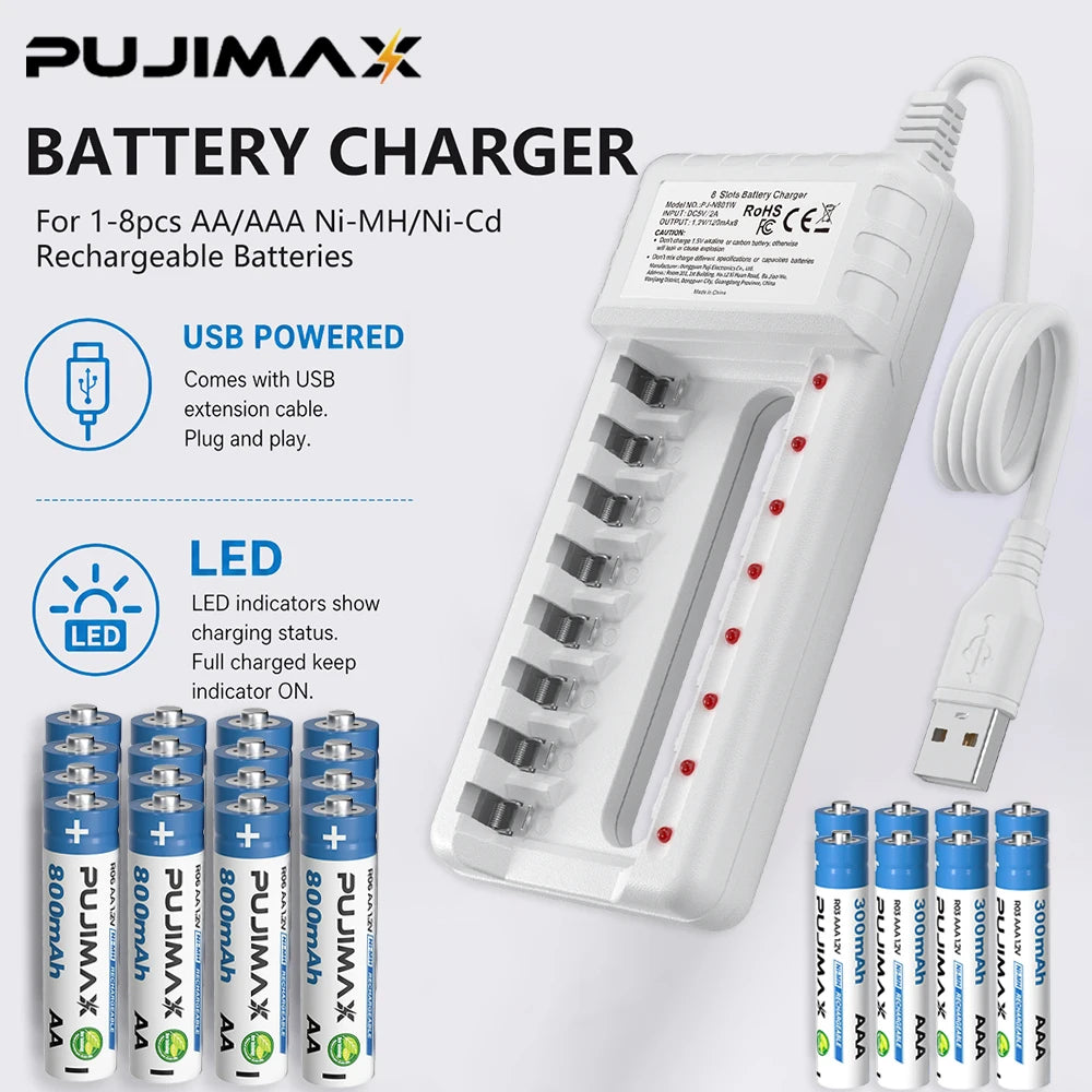 PUJIMAX 800mAh 1.2V AA Rechargeable Batteries 300mAh AAA NI-MH Battery for Toy Garden Landscaping Solar Light+Battery Charger