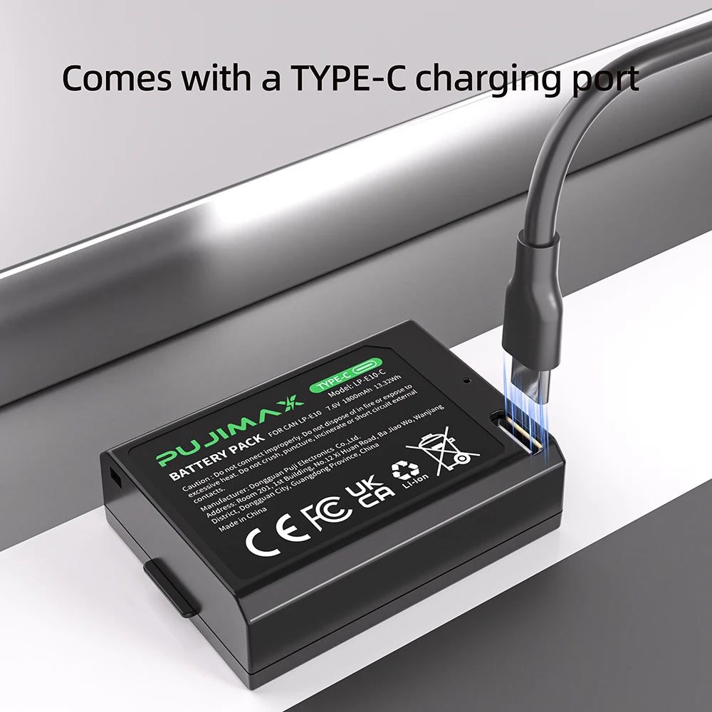 PUJIMAX New LP-E10 LPE10 LP E10 Battery With USB-C Charging Port for Canon EOS 1100D 1200D 4000D Kiss X50 X70 Rebel T3 T5 T6