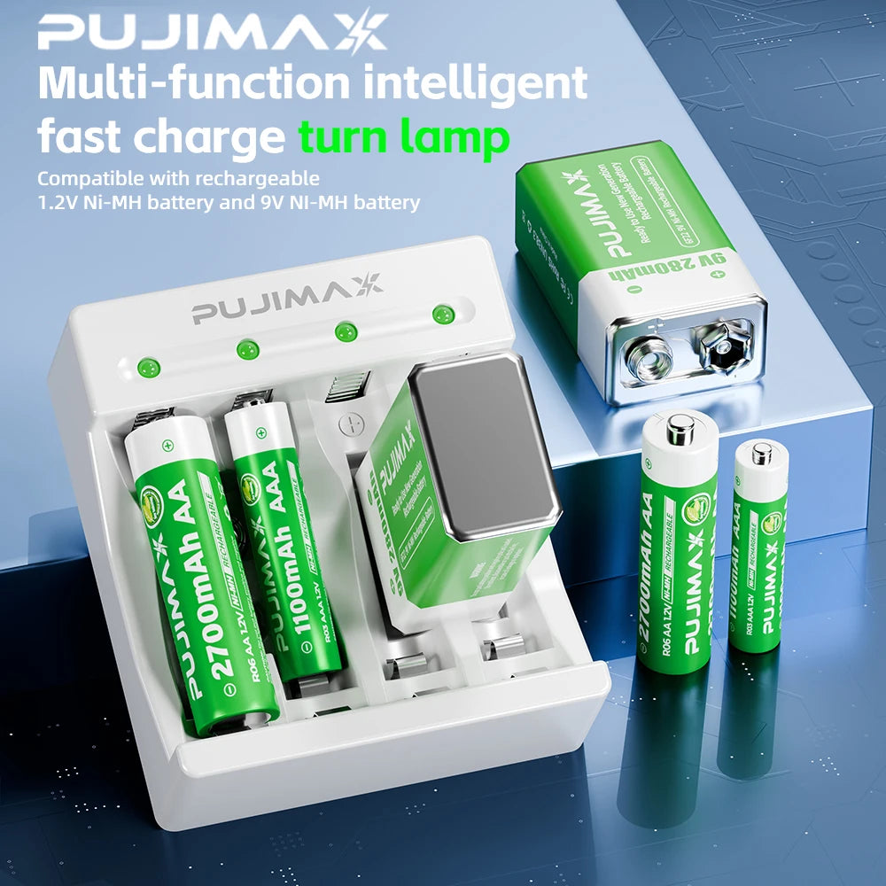 PUJIMAX  9V/AA/AAA Battery Charger For NI-MH /NI-CD AA AAA 1.2V Rechargeable Battery 4 Slots 9V Ni-MH Indicator Battery Charger