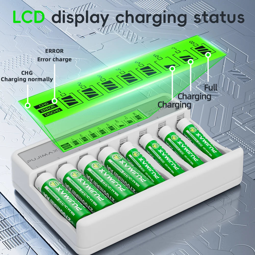 PUJIMAX Smart LCD Display 1.2V Fast Charger For 1.2V AA/AAA Ni-MH Ni-Cd 1100mAh 2700mAh Batteries 8-Slot Intelligent Charger