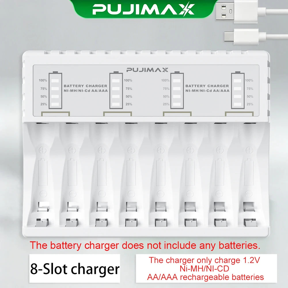 PUJIMAX 8-slot Battery Charger for AAA/AA Rechargeable Battery Short Circuit Protection LED Display 1.2V Ni-MH/Ni-Cd Charger