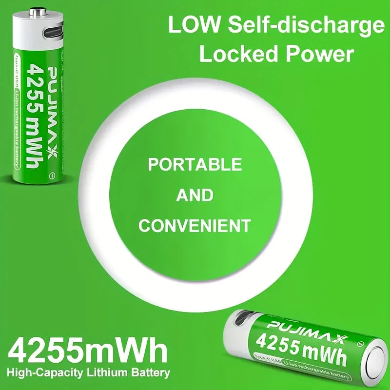 PUJIMAX 4255mWh AA 1.5V Rechargeable Lithium Battery High Capacity 1500 Cycles For Remote Controls Drones Scales Large Capacity