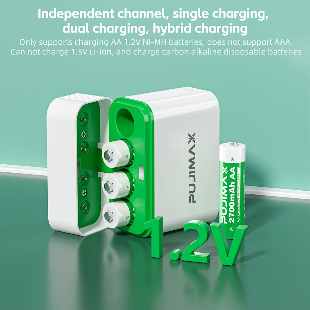 PUJIMAX 4 Slots 1.2V Ni-MH/Ni-Cd Battery Charger Smart Charging Compartment for AA/AAA Rechargeable Batteries with Type C Cable