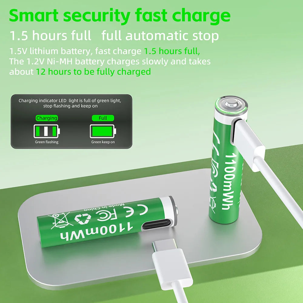 PUJIMAX 2 Hour Fast charging AAA 1.5V Rechargeable Battery 1100mWh Lithium Battery Type C Li-ion Batteries for toy keyboard
