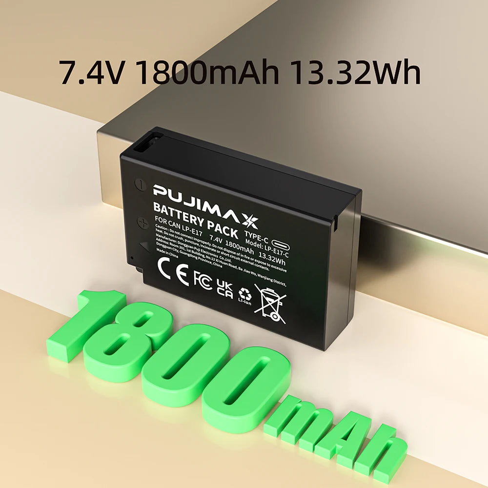 PUJIMAX 1800mAh LPE17 LP E17 LP-E17 Battery with USB-C Input for Canon EOS RP 200 250D M3 M5 M6 750D 760D T6i T6s 800D 8000D 77D