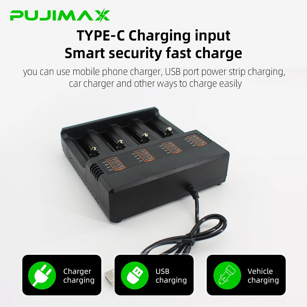 PUJIMAX 2/4 Slot 18650 Smart Charger for 3.7V 21700 20700 2665014500 16340 Li-ion Battery Rechargeable Lithium Battery Charger