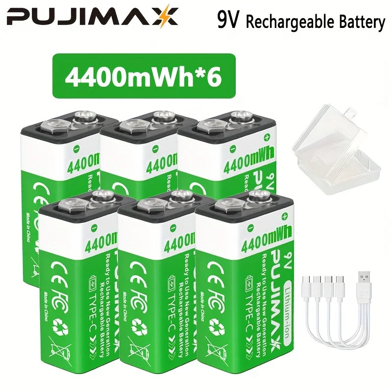 PUJIMAX USB 9V Rechargeable Battery 4400mWh Type-C Rechargeable 6F22 9V Li-ion Battery For RC Helicopeter Model Multimeter Toy