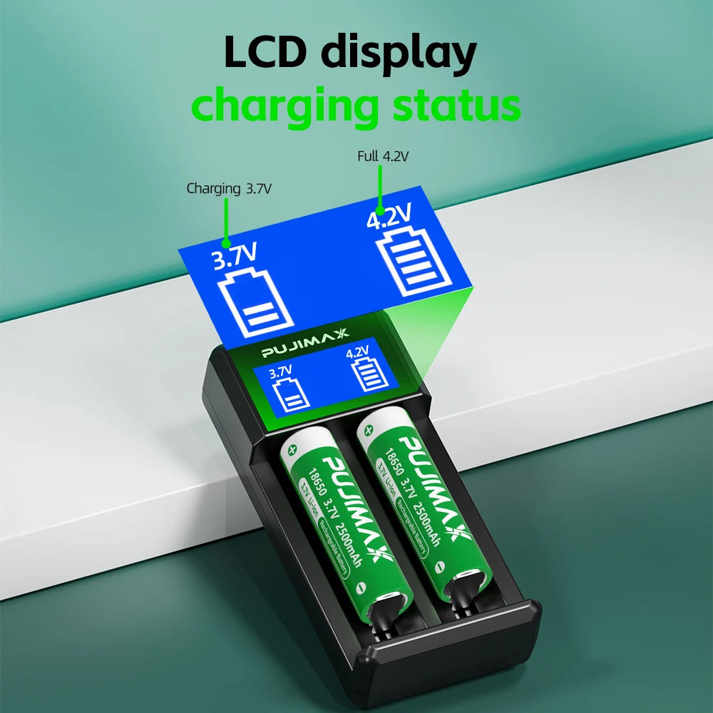 PUJIMAX 2 Slots 18650 LCD Display Battery Charger For 26650/18650/14500/16340 Charging 3.7V Rechargeable Lithium Battery Charger