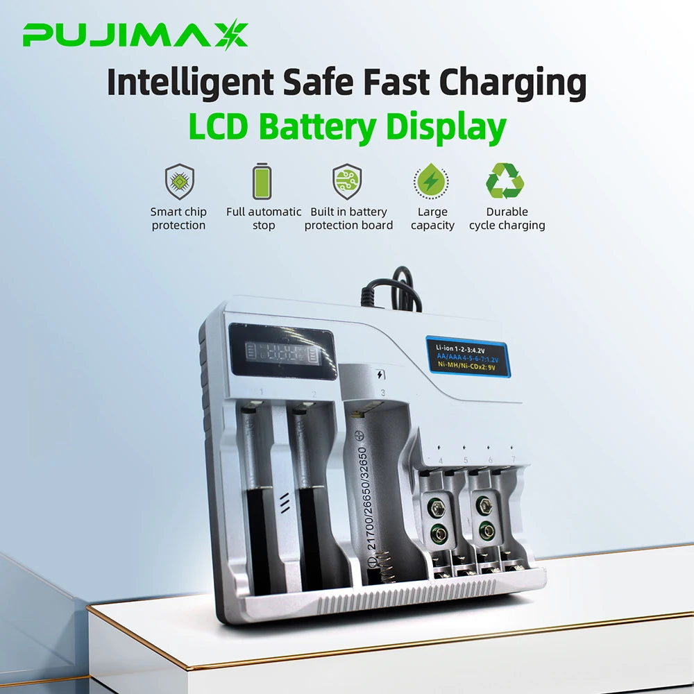 PUJIMAX Intelligent Battery Charger for 4.2V 18650/16340/14500/21700/26650/32650 Battery and 1.2V Ni-MH/Ni-Cd AA AAA 9V Battery