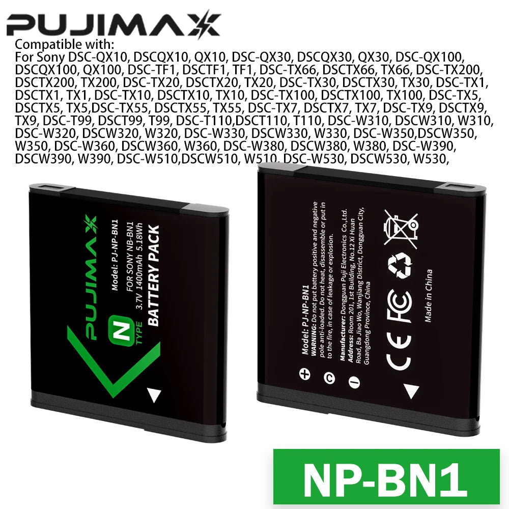 PUJIMAX 1400mAh NP-BN1 Battery For SONY DSC TX9 T99 WX5 TX7 W390 W380 W350 W320 W360 QX100 W370 NP BN1 Camera Digital Batteries