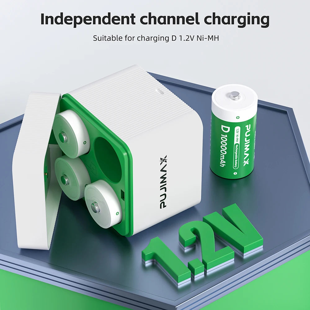 PUJIMAX 4 Slot D Size Battery Charger 1.2V 10000mAh LR20 D Cell Ni-MH Rechargeable Battery for Gas Cooker Water Heater Flashligh