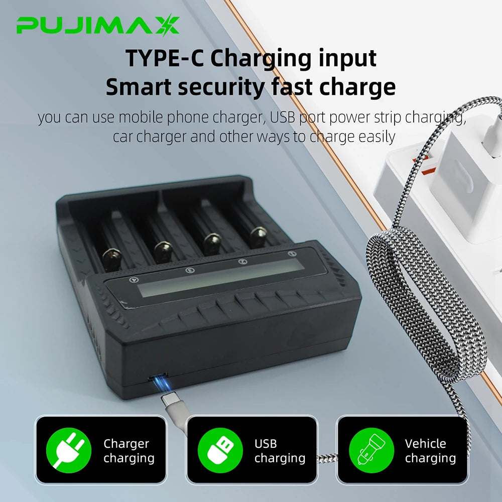 PUJIMAX 2/4 Slots Smart Charger LCD Display Charger for AA/AAA/18650/26650/14500/16340/18500/21700 Ni-MH Ni-Cd Li-ion Batteries