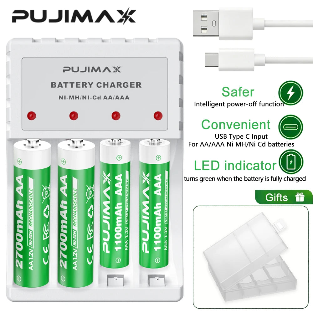 PUJIMAX 4-Slot Battery Charger With LED Indicator For 1.2V AA/AAA Ni-Cd Ni-Mh Rechargeable Batteries aa aaa Charger Adapter