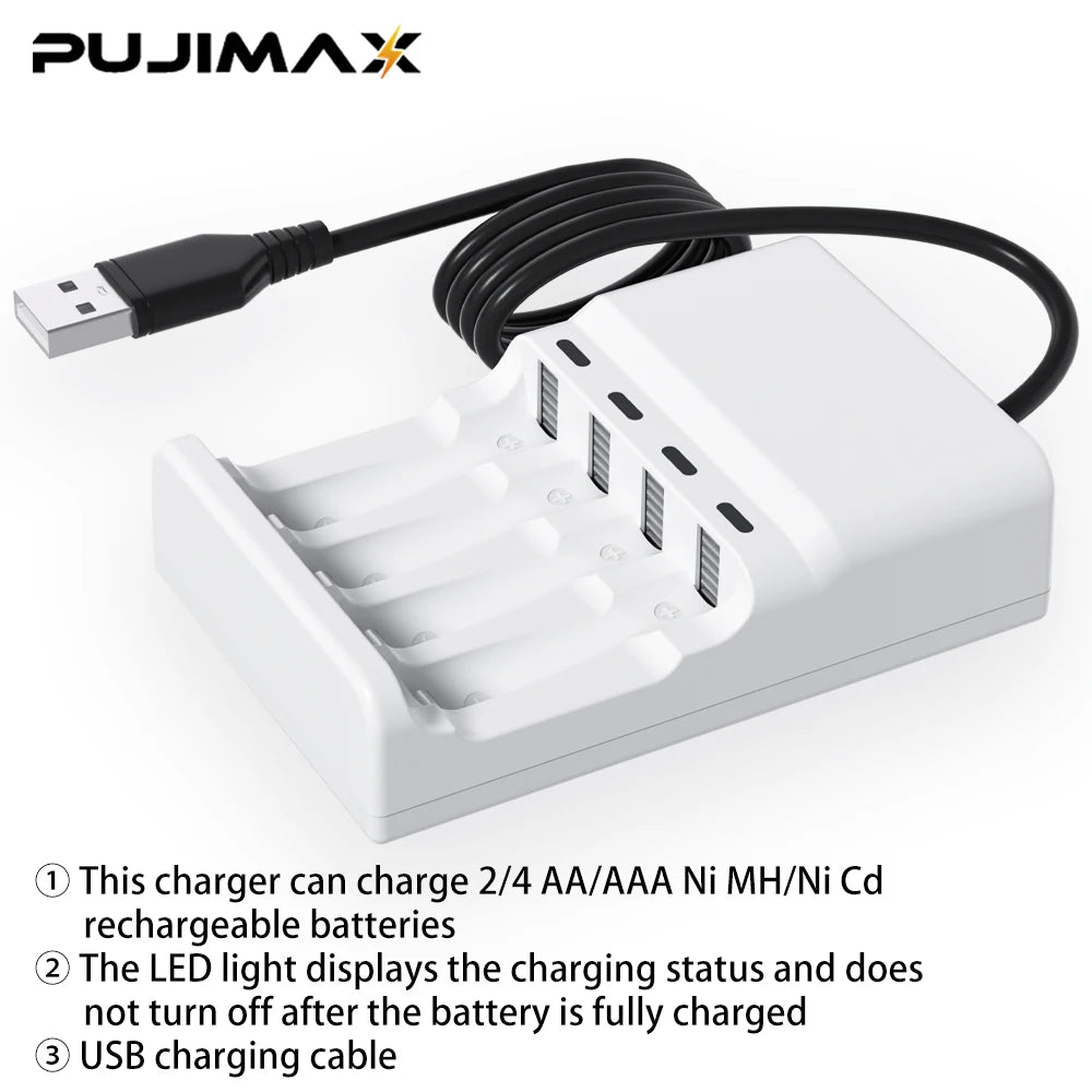 PUJIMAX AA AAA Battery Fast Charger USB Cable 4 Slot LED Display Smart Battery Charger for 1.2V Ni-HM/Ni-Cd Rechargeable Battery