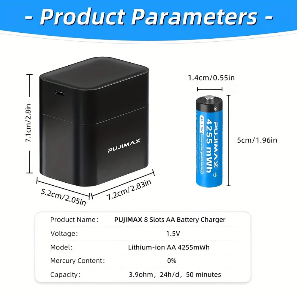 PUJIMAX Rechargeable Battery 1.5V AA 4255mWh Lithium-ion Battery Charger Clock Radio Video Game Mouse Remote Control Batteries