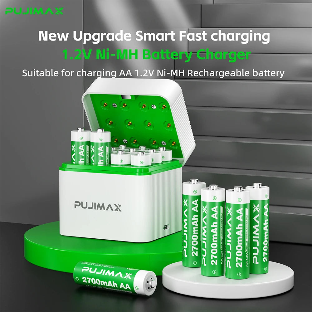 PUJIMAX 12-Slots Smart Battery Charger AA 12PCS 1.2V Ni-MH Batteries Rechargeable Battery Set Charger Independent Fast Charging