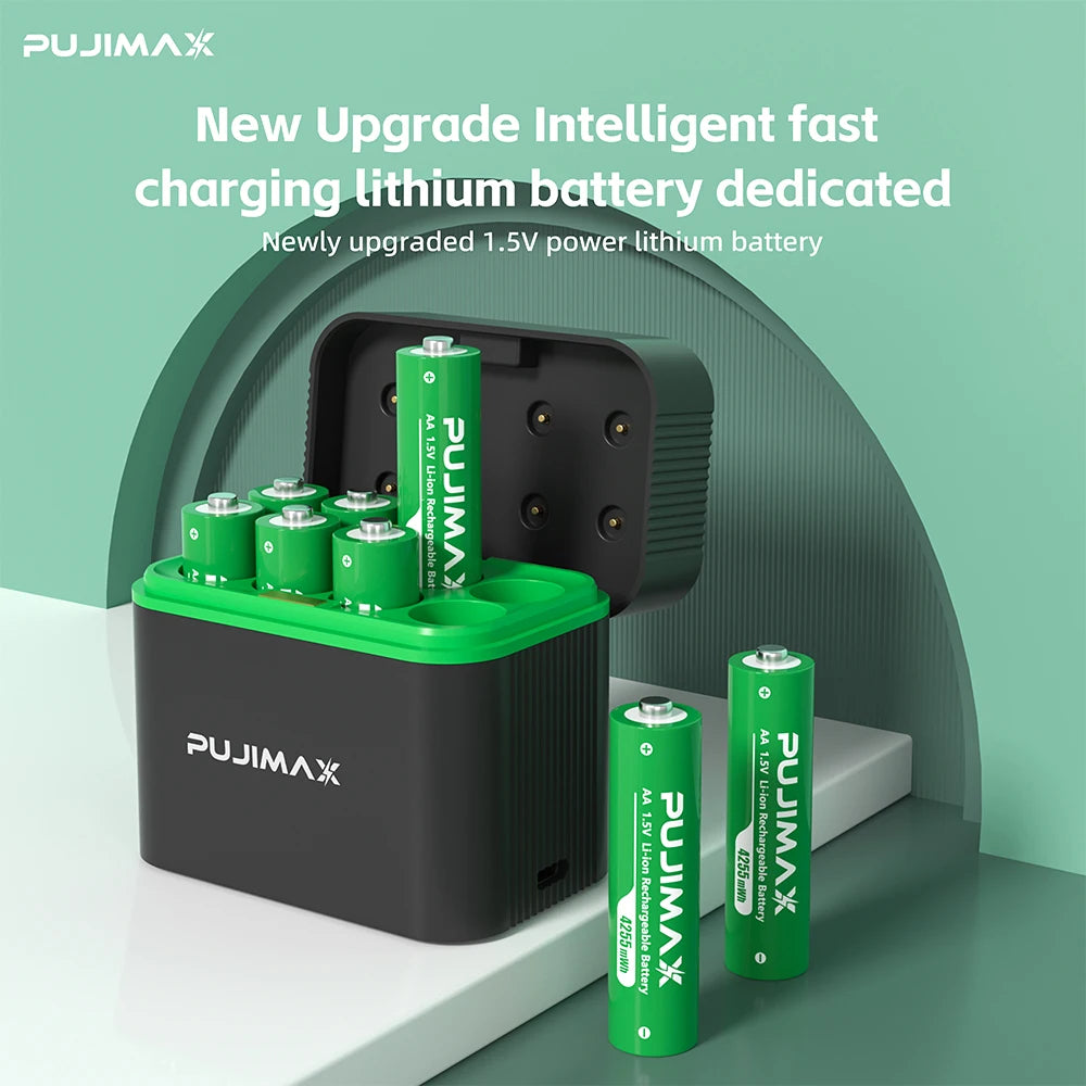 PUJIMAX 1.5V AA Rechargeable Lithium-ion 4255mWh Battery With Smart Battery Charger SET 2/4 Batteries Individually Available