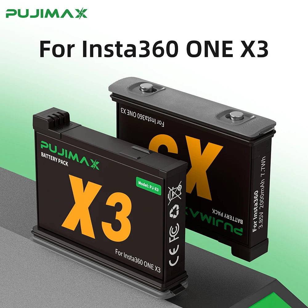 PUJIMAX High Capacity 2000mAh Battery For Insta360 X3 Camera+2-Slot LED fast charger For Insta360 ONE X3 Action Camera Accessory