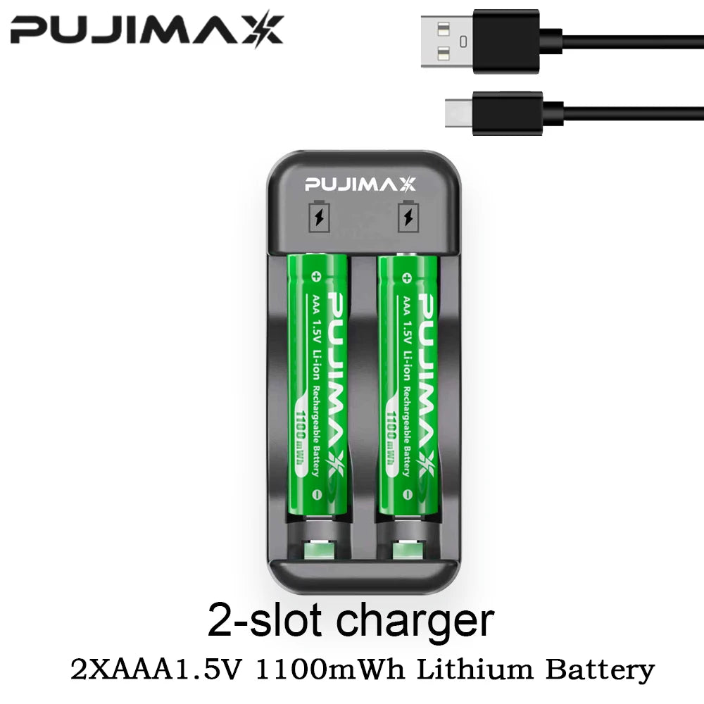 PUJIMAX Lithium-ion Rechargeable Batteries for Clock Radio Video Game 1.5V AA 4255mWh AAA 1100mWh Batteries Charger+Data Cable