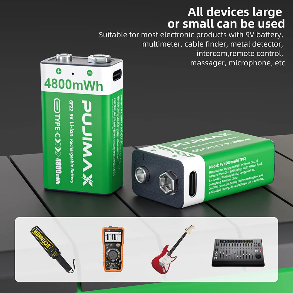 PUJIMAX USB 9V Rechargeable Battery 4800mWh Type-C Rechargeable 6F22 9V Li-ion Battery for RC Helicopeter Model Multimeter Toy
