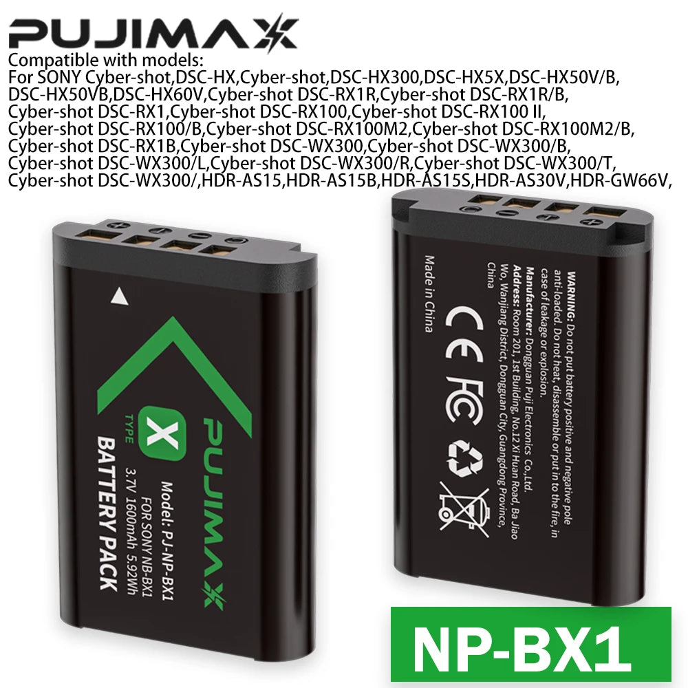 PUJIMAX NP-BX1 npbx1 np bx1 Battery For Sony FDR-X3000R ZV-1 RX100 M7 AS300 HX400 HX60 WX350 AS300V HDR-AS300R FDR-X3000 1600mAh