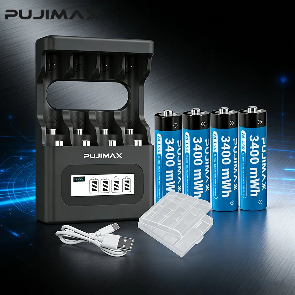 PUJIMAX Rechargeable Battery 1.5V AA 3400mWh AAA 1100mWh Lithium-ion Battery+Charger for Clock Radio Video Game Digital Camera