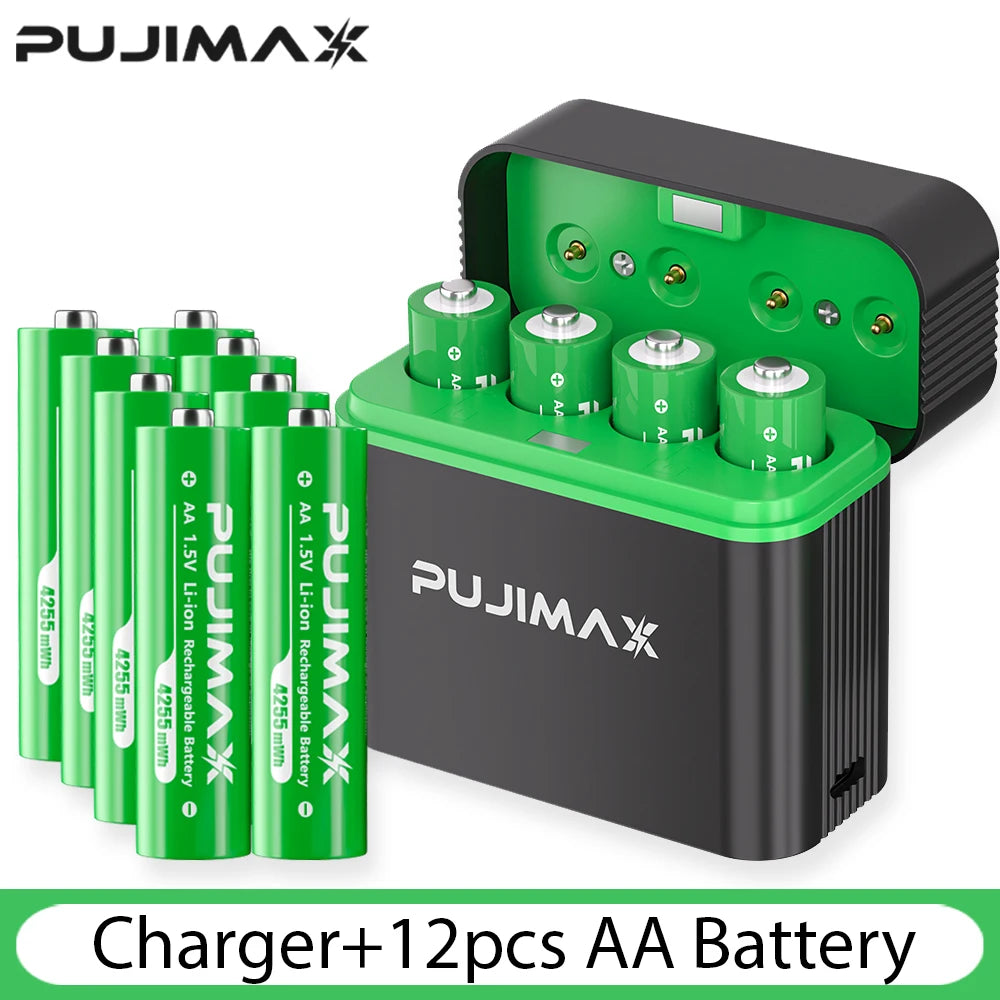 PUJIMAX  AA 1.5V 4255mWh Smart Charging Compartment 4-Slot  Rechargeable batteries Lithium Battery Charger Set Large Capacity