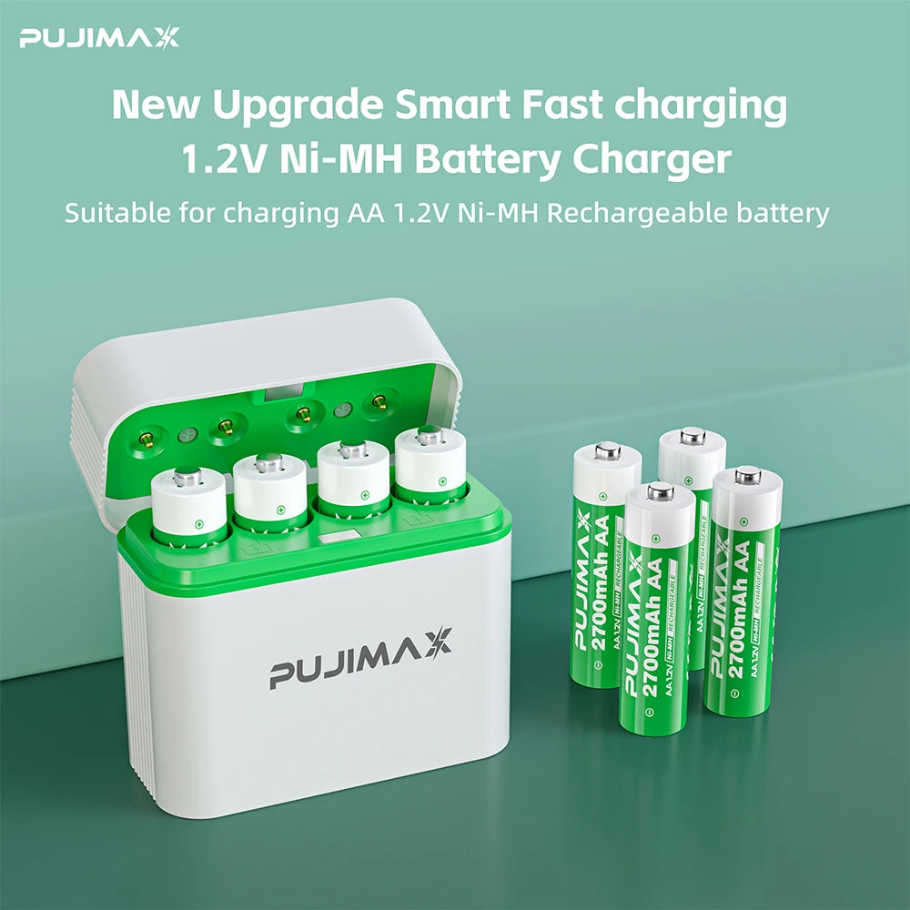 PUJIMAX 4 Slots 1.2V Ni-MH/Ni-Cd Battery Charger Smart Charging Compartment for AA/AAA Rechargeable Batteries with Type C Cable