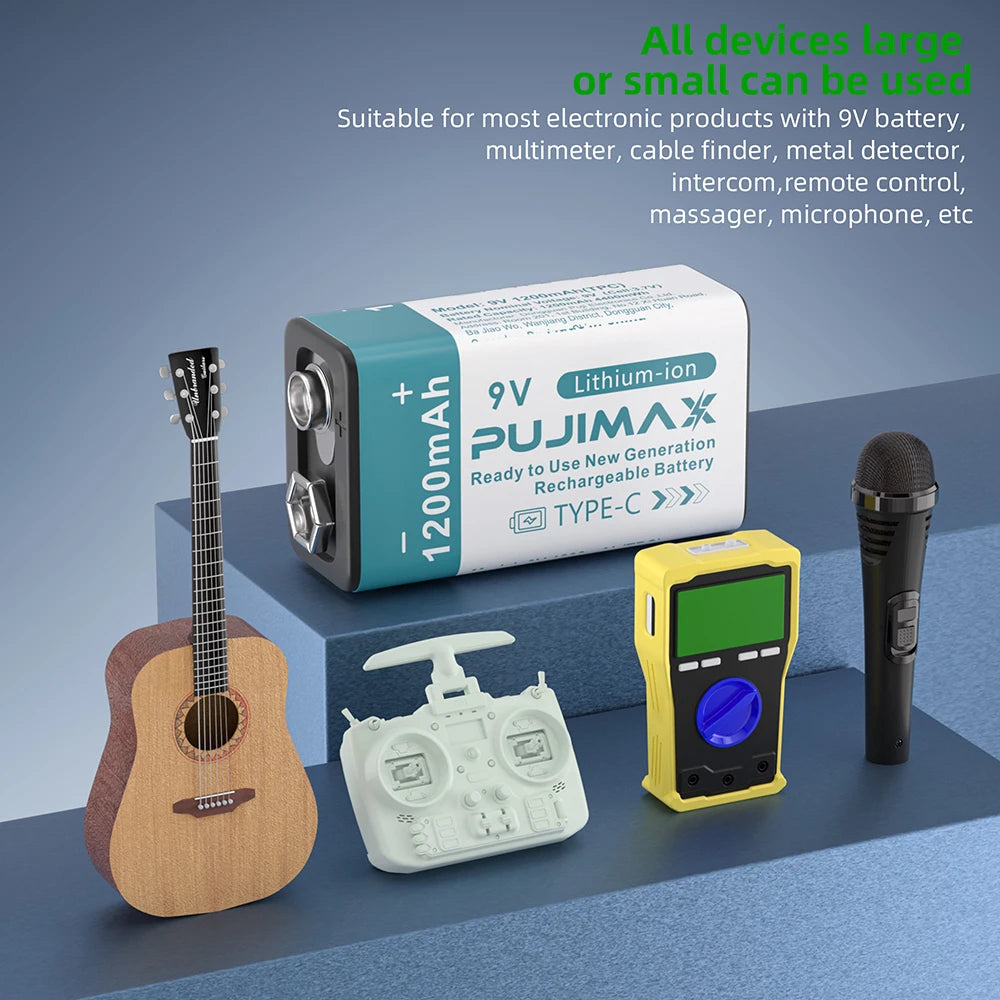 PUJIMAX USB 9V Rechargeable Battery 1200mAh Type-C Rechargeable 9V Li-ion Battery for Helicopeter Model Multimeter Smoke Alarm