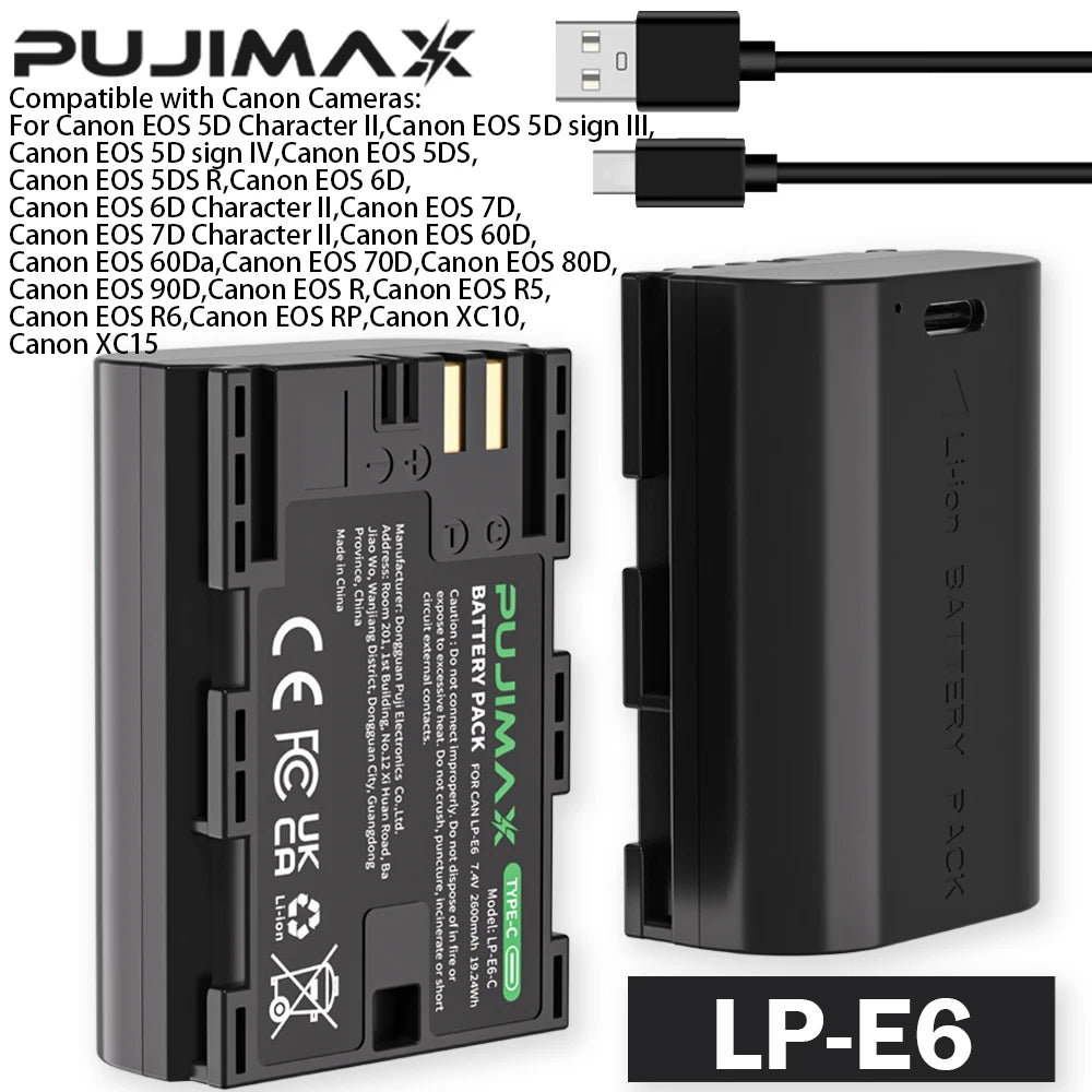 PUJIMAX 2600mAh LP-E6NH LP E6NH LP E6 LP-E6 Battery with Type-C Input For Canon R7 R5 R6 R 5D IV/III/II 6D 6D II 7D 7D II 60D
