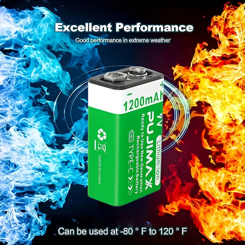 PUJIMAX 9V Battery1200mAh Li-ion Rechargeable battery Type-C Batteries  9V lithium for Multimeter Microphone Toy Remote Control