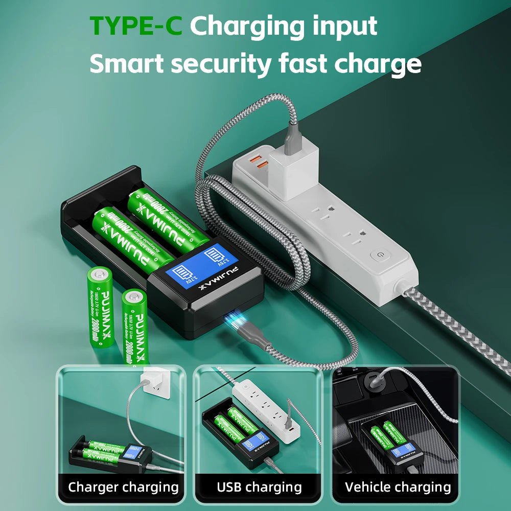 PUJIMAX 2 Slots 18650 LCD Display Battery Charger For 26650/18650/14500/16340 Charging 3.7V Rechargeable Lithium Battery Charger