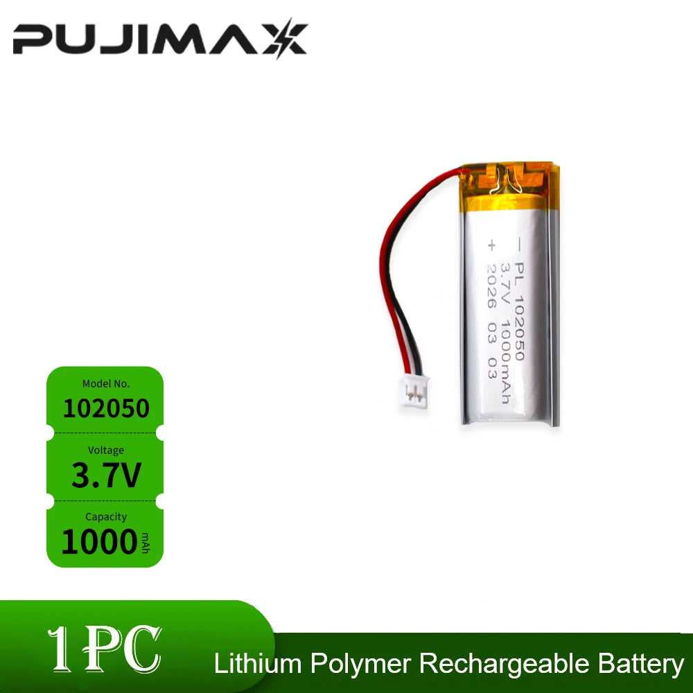 PUJIMAX 102050 3.7V 1000mAh Lipo Cells Lithium Polymer Rechargeable Battery for MP3 GPS Beauty Instrument GPS LED Light with PCB