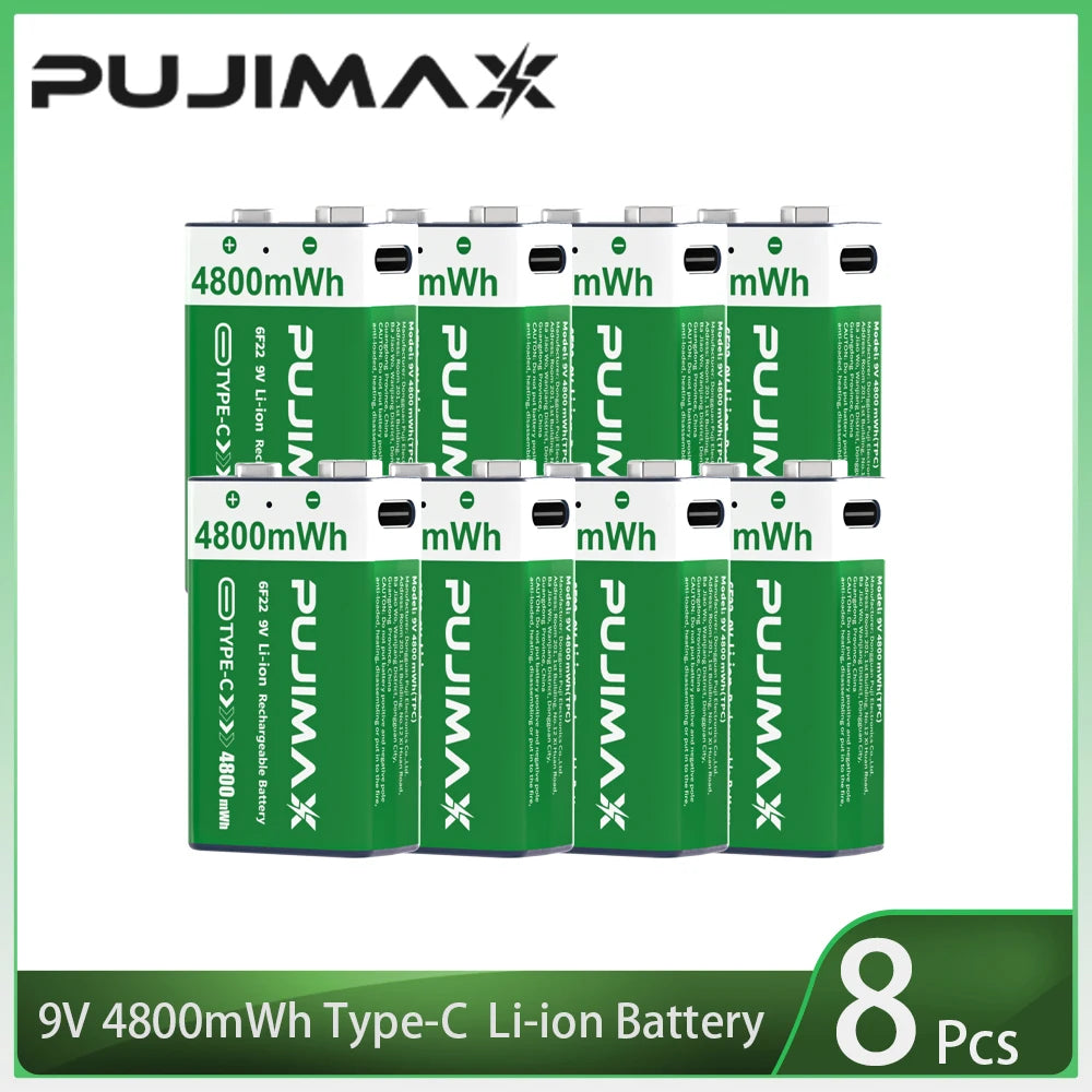 PUJIMAX USB 9V Rechargeable Battery 4800mWh Type-C Rechargeable 6F22 9V Li-ion Battery for RC Helicopeter Model Multimeter Toy