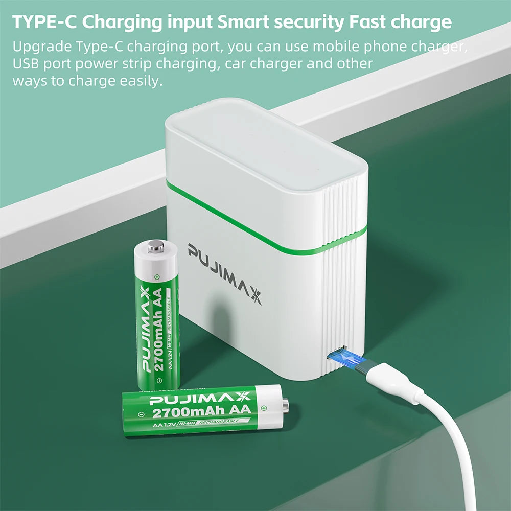 PUJIMAX 4 Slots 1.2V Ni-MH/Ni-Cd Battery Charger Smart Charging Compartment for AA/AAA Rechargeable Batteries with Type C Cable