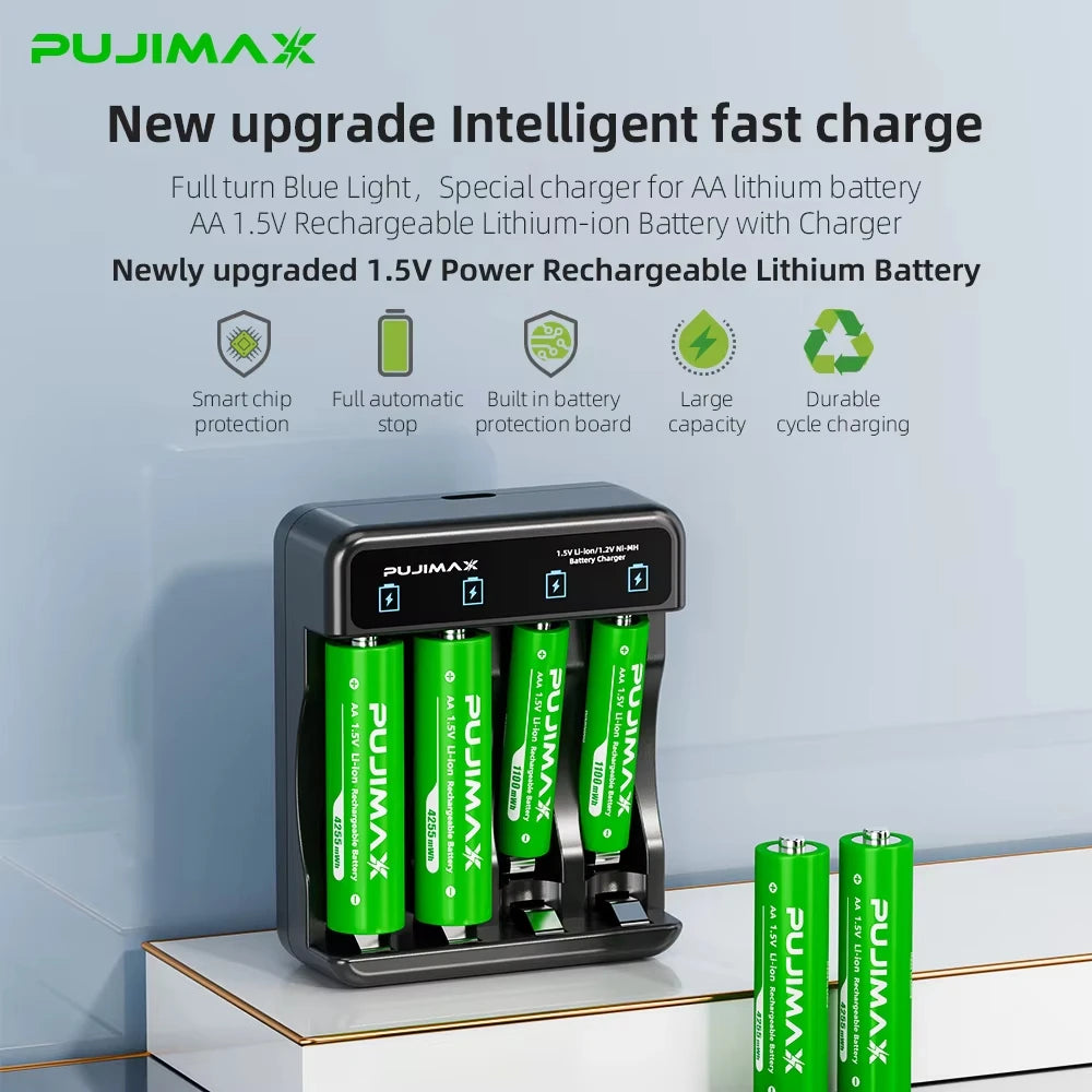PUJIMAX AA/AAA 1.5V Li-ion Rechargeable Battery Charger 4255mWh/1100mWh Lithium Rechargeable Batteries For Remote Control Toy